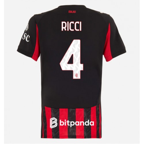 Echipament fotbal AC Milan Samuele Ricci #4 Tricou Acasa 2025-26 pentru femei maneca scurta Echipament fotbal AC Milan Samuele Ricci #4 Tricou Acasa 2025-26 pentru femei maneca scurta