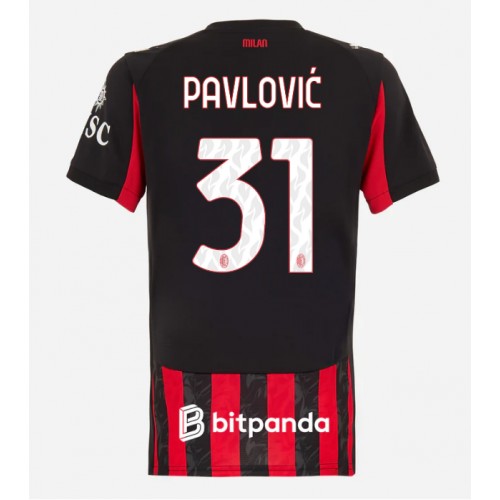 Echipament fotbal AC Milan Strahinja Pavlovic #31 Tricou Acasa 2025-26 pentru femei maneca scurta Echipament fotbal AC Milan Strahinja Pavlovic #31 Tricou Acasa 2025-26 pentru femei maneca scurta