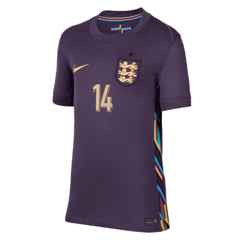 Echipament fotbal Anglia Ezri Konsa #14 Tricou Deplasare European 2024 pentru femei maneca scurta Echipament fotbal Anglia Ezri Konsa #14 Tricou Deplasare European 2024 pentru femei maneca scurta