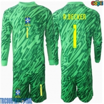 Echipament fotbal Brazilia Alisson Becker #1 Portar Tricou Acasa Copa America 2024 pentru copii maneca lunga (+ Pantaloni scurti)