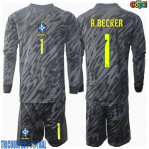 Echipament fotbal Brazilia Alisson Becker #1 Portar Tricou Deplasare Copa America 2024 pentru copii maneca lunga (+ Pantaloni scurti)