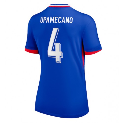 Echipament fotbal Franţa Dayot Upamecano #4 Tricou Acasa European 2024 pentru femei maneca scurta Echipament fotbal Franţa Dayot Upamecano #4 Tricou Acasa European 2024 pentru femei maneca scurta